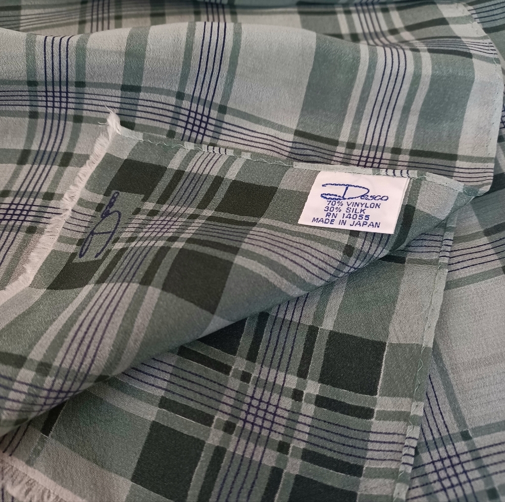 VINTAGE DESCO JAPAN SHADES OF GREEN PLAID SCARF 42" x 8.5" 70% VINYLON/30% SILK